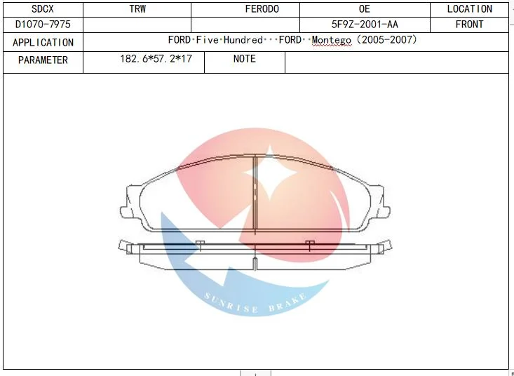 D1070-7975 Sdcx / 5f9z-2001-AA/8G1Z-2001-B Pastillas de freno para Ford Quinientos / Tauro / carretilla Freestyle 2005-2007.