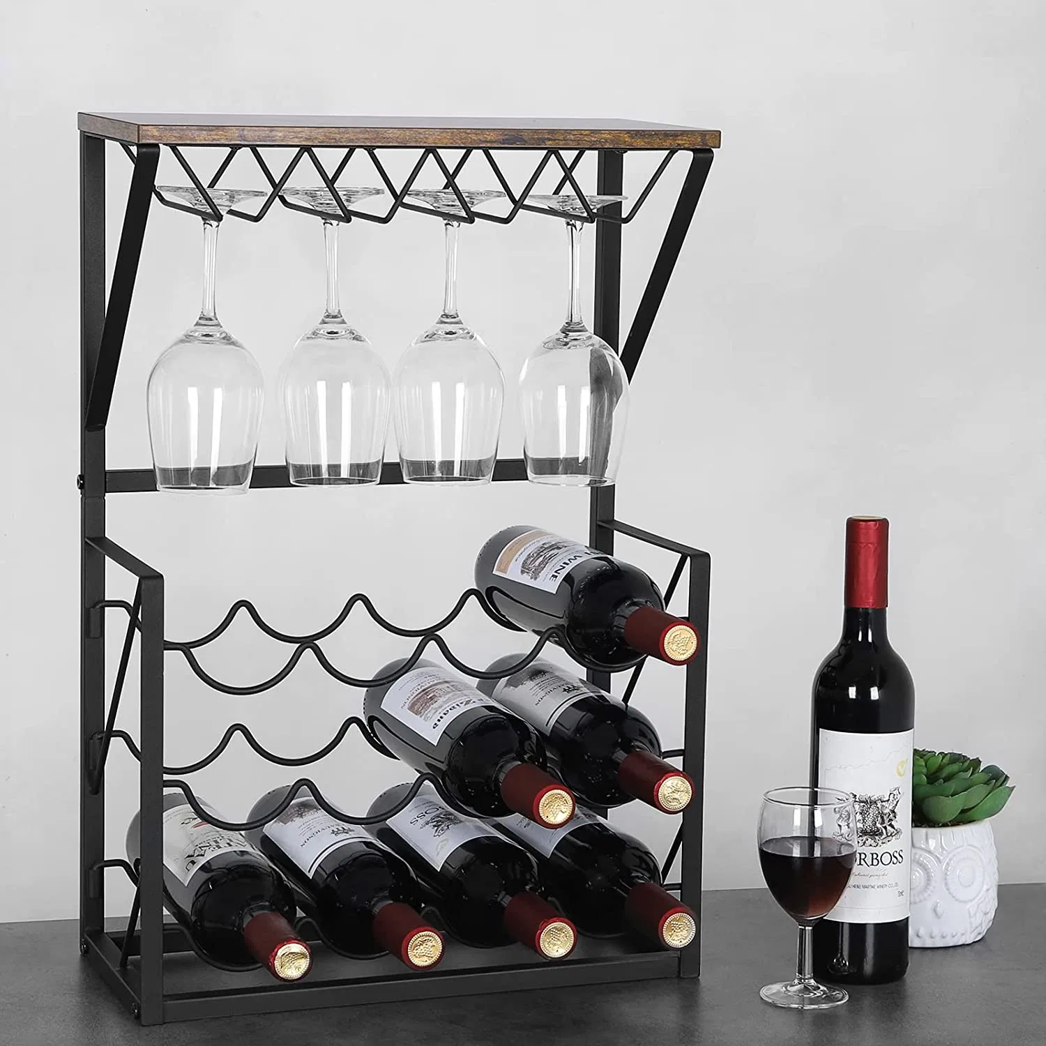 HS115 independente para Rack 12 garrafas de vinho, Suporte para Prateleira de armazenamento do vinho com porta-óculos e vinho de mesa, suporte para bancada de cozinha em casa (Marrom)