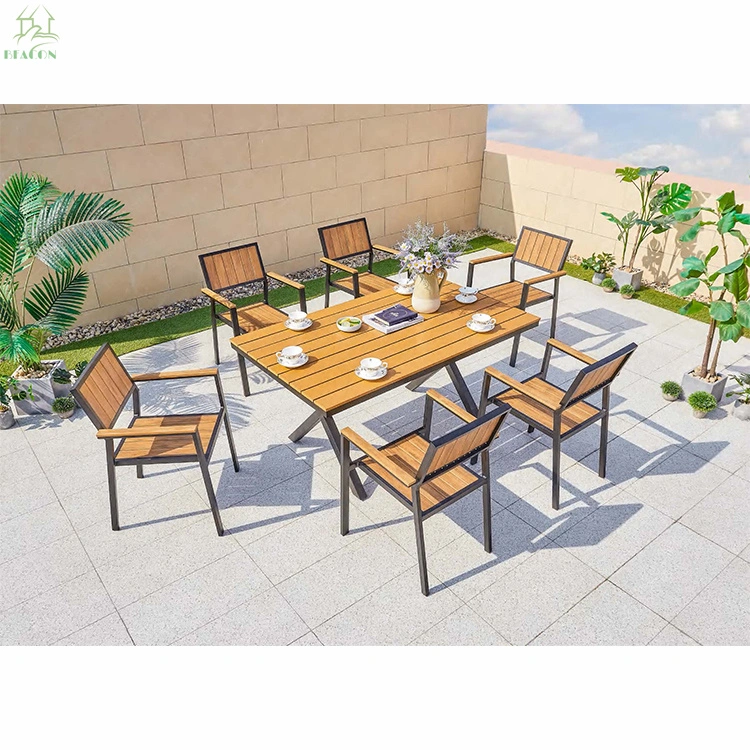 Freizeit Beliebte Outdoor Garten Patio Aluminium Rahmen Kunststoff Holzstühle Ess Möbel Set Außen Ess-Sets