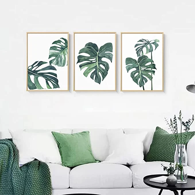 Wholesale/Supplier 3 Panels Wooden Color Floating Frame Wall Art Green Bitanical Plant Ready to Hanag Canvas Painting Living Room Dining Room Bathroom Decor