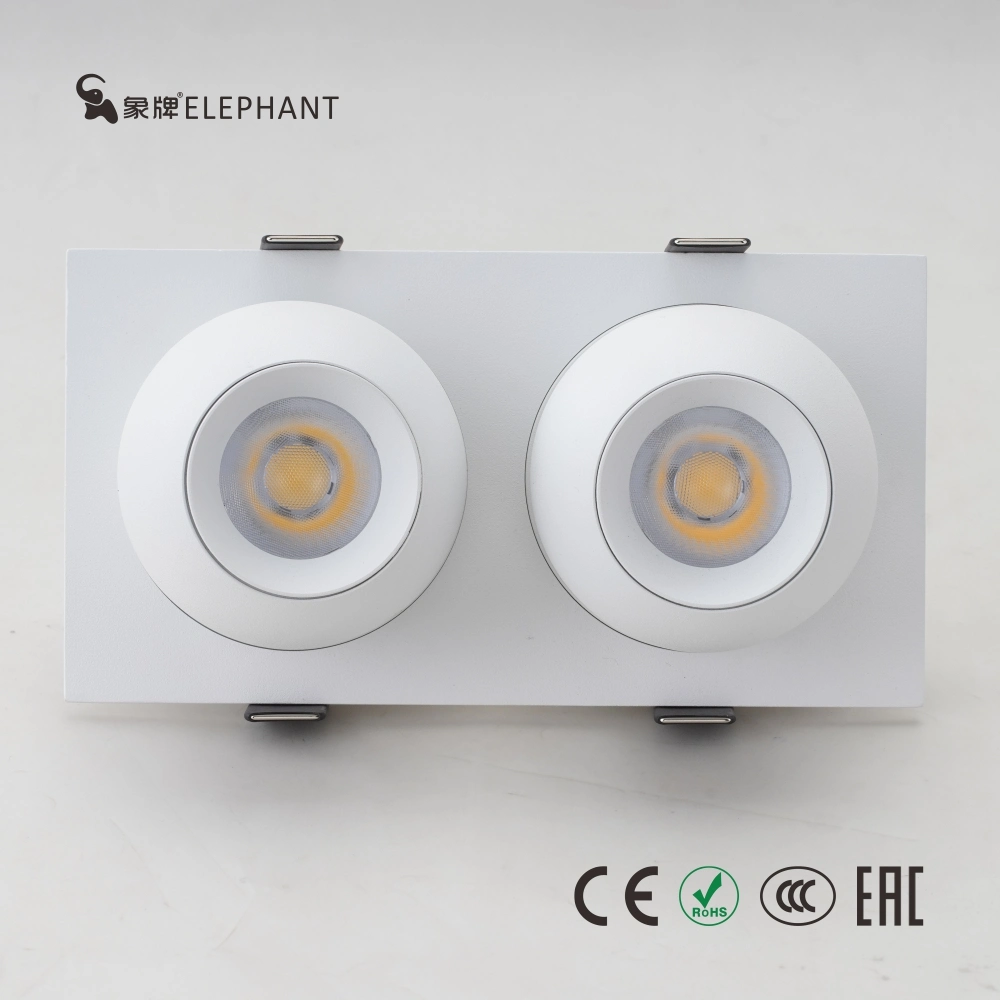 360 grados foco empotrado de aluminio ajustable inclinable de fácil instalación y extracción COB Downlight LED de doble cabeza cuadrada