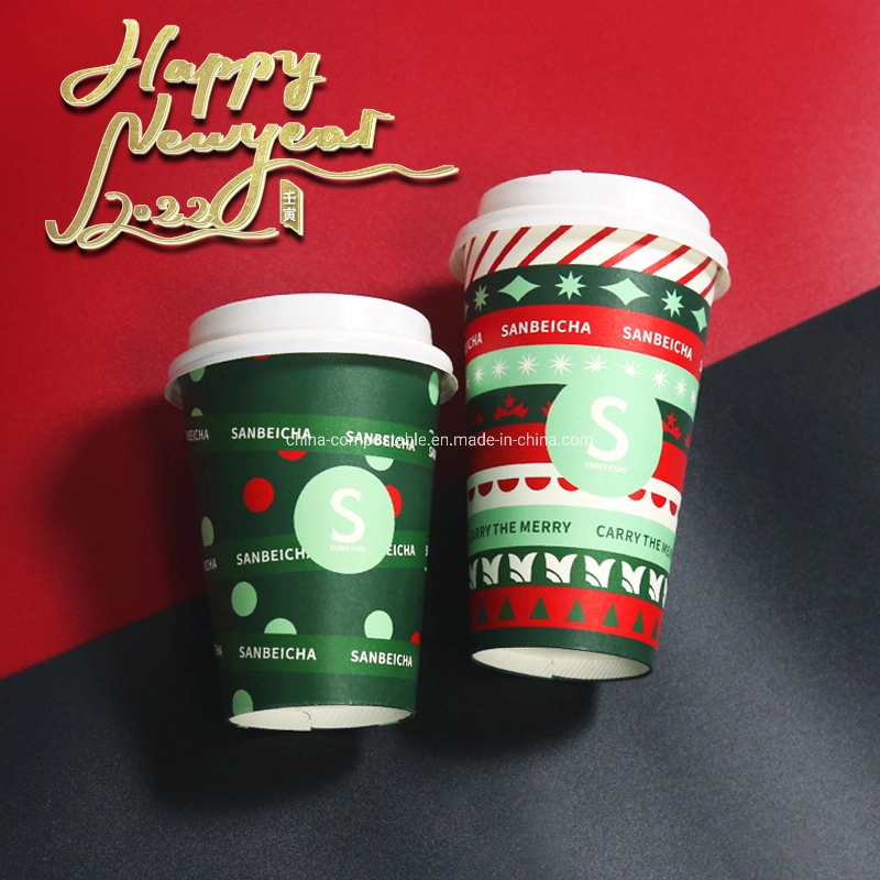 Manufacturer Custom PLA Coated Disposable Coffee Cup 6 8 12 16oz Christmas Paper Cups Christmas Decoration Tableware Paper Cup