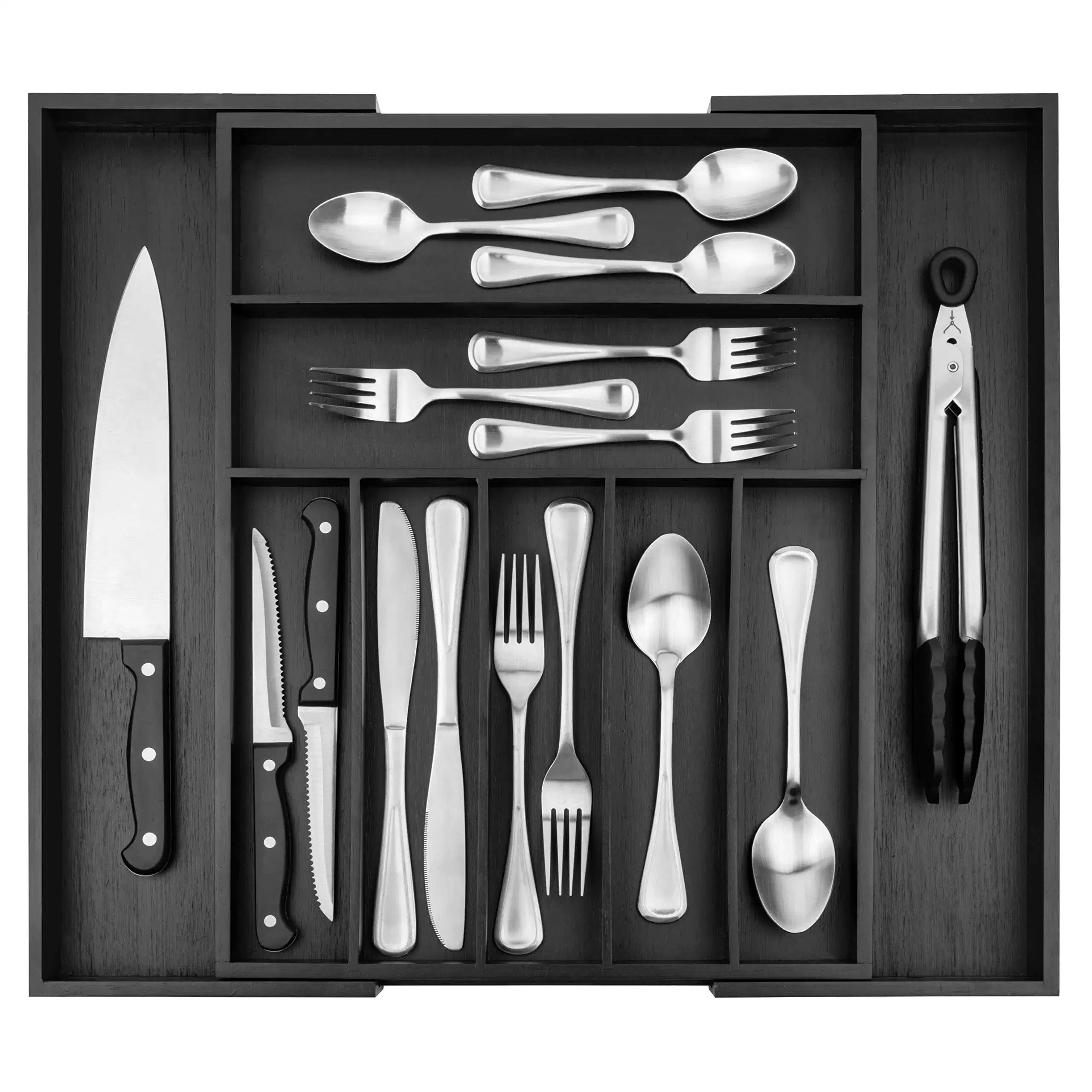 Manufacturer Bamboo Expandable Utensil Cutlery Tray and Drawer Cutlery Organizer for Kitchen Drawers Black