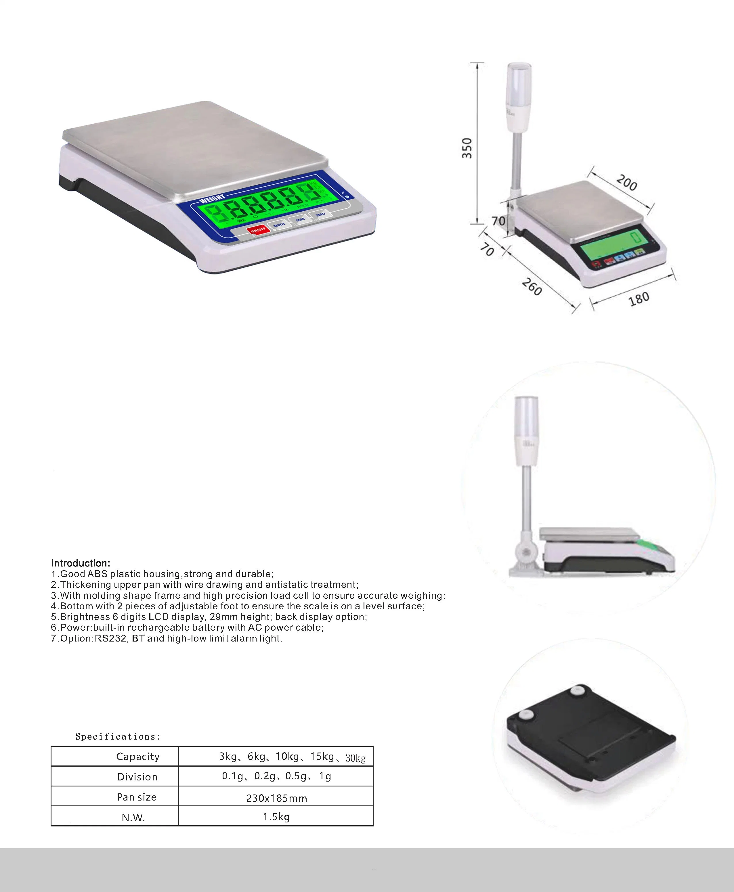 30kg 1gabs plastique 2pièces de pied réglable LCD 6 chiffres Balance de pesée RS232 en option (Z001)