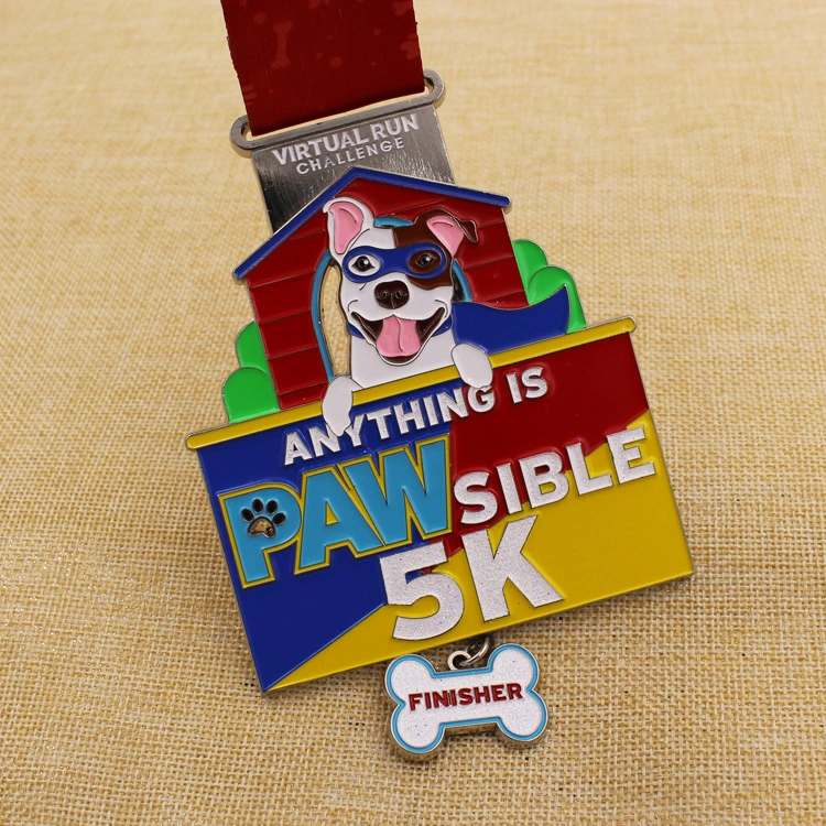 Diseño a medida Soft Enamel brillante Running Sport Medal conjunto con Cachorro y hueso