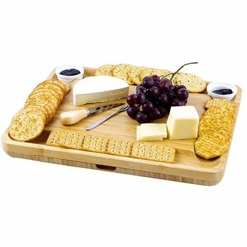 Plateau à fromage avec 2 bols en céramique, 2 assiettes de service. Magnétique 2 tiroirs bambou Charcuterie Ménagère avec ensemble de couteaux, 2 fourchettes pour serveurs, ouvre-vin