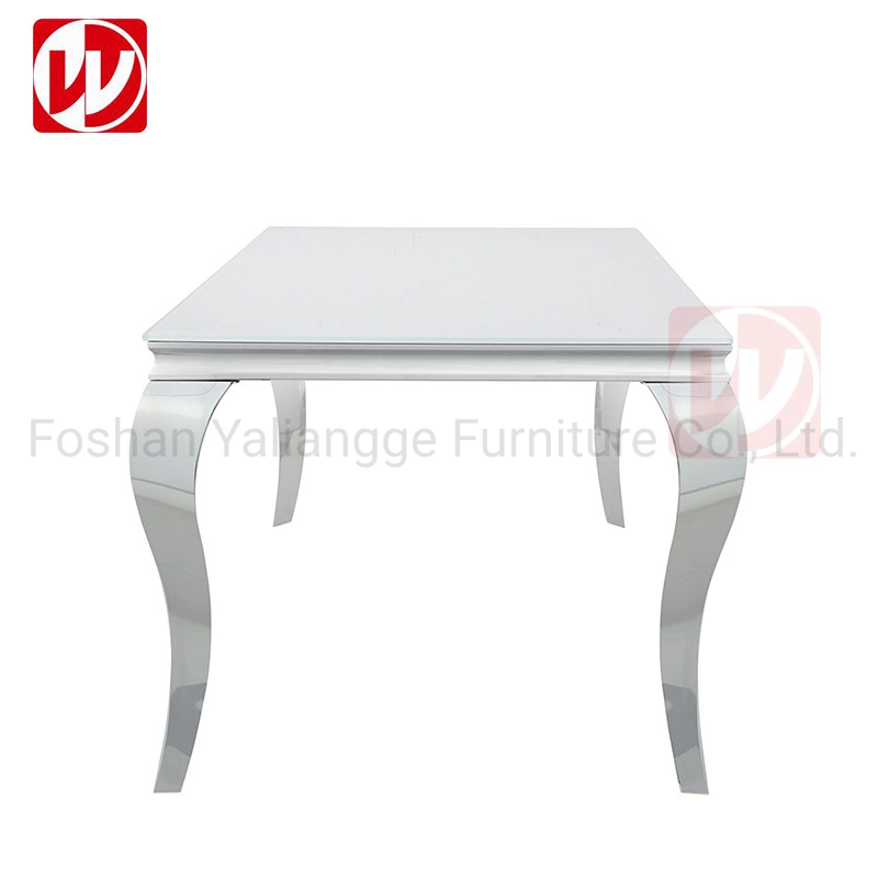 Moderno Blanco vidrio templado Metal Acero inoxidable rectangular comedor Banquete Tabla