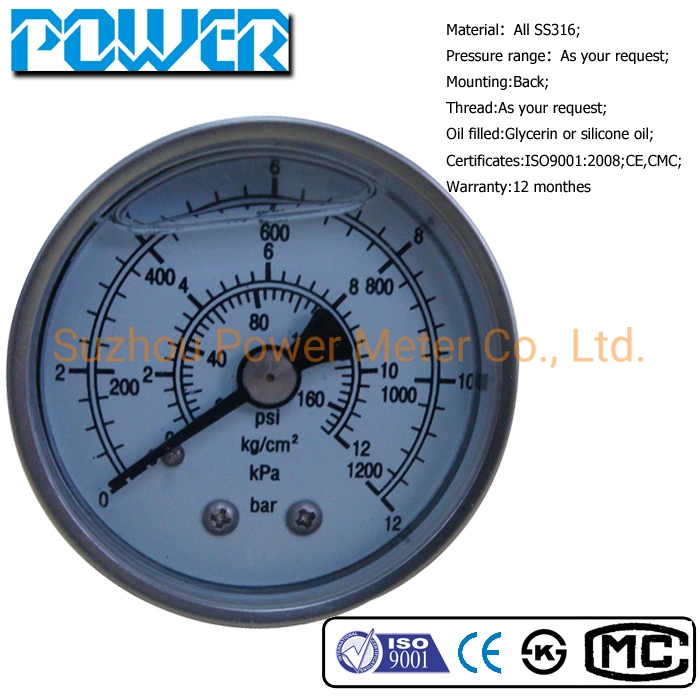 50mm Vibration Resistant Liquid Pressure Gauge Bar Kpa Psi Kg