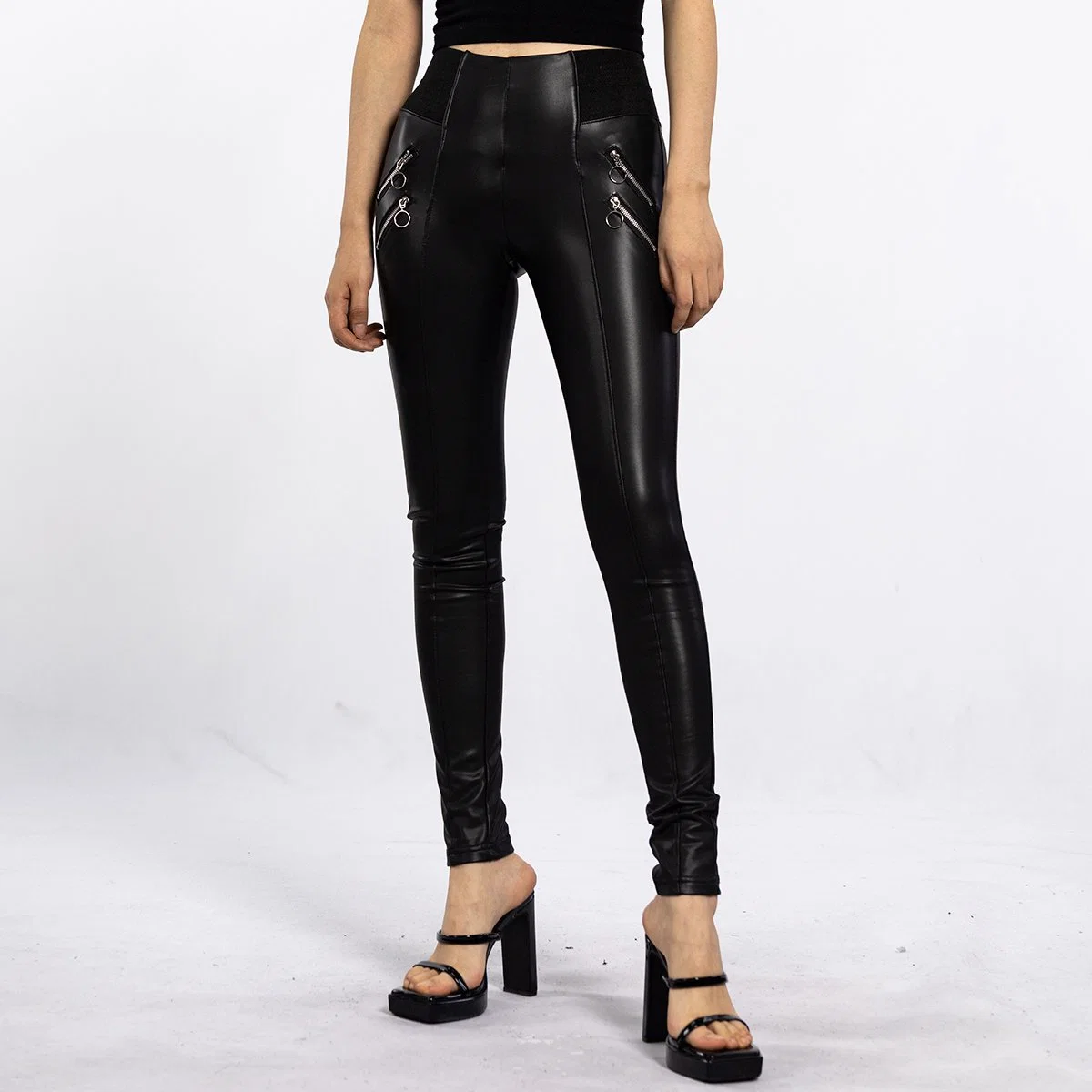 Pantalon skinny en cuir style motard à taille haute style sexy et fermeture à glissière noir pour femmes