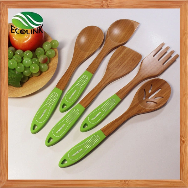 Silicone Handle Anti-Skid Bamboo Cooking Spoon