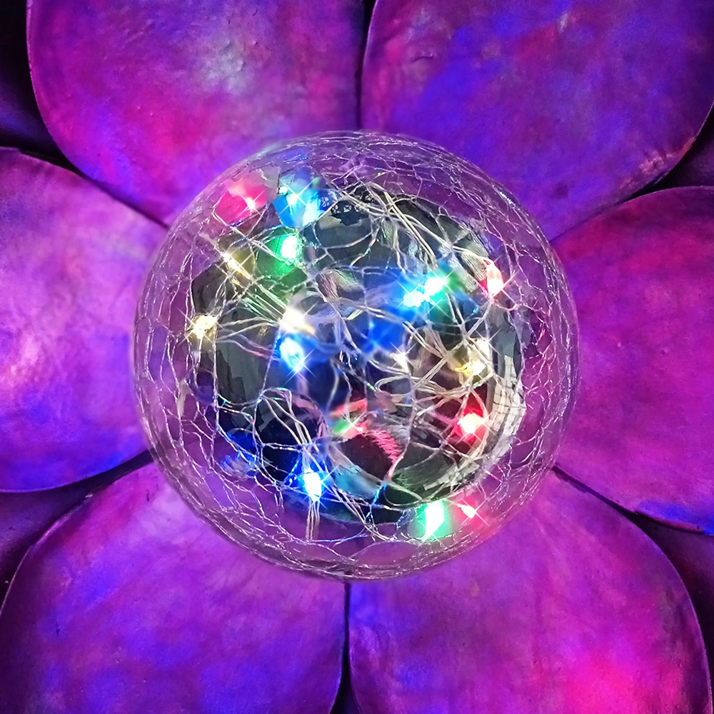 Metal Lotus Flower Crackle Glass Globe Solar LED Colorful Light Decoration