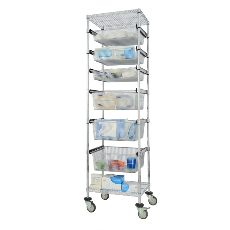 Hospital Healthcare Storage Slide Wire Basket Chrome Steel Wire Shelving Trolley Cart