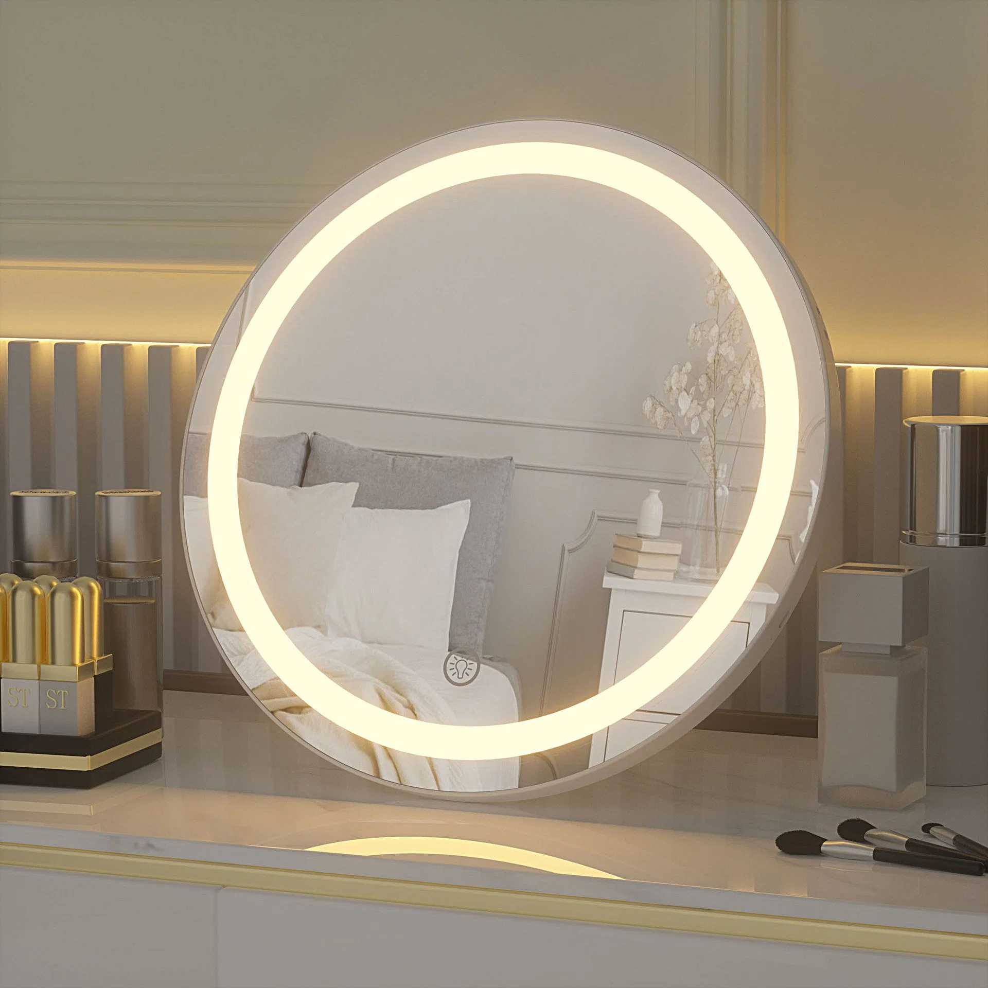 LED Desktop Makeup Mirror Wall-Mounted Three-Tone Lighting Portable Beauty Creative Desktop Makeup Mirror