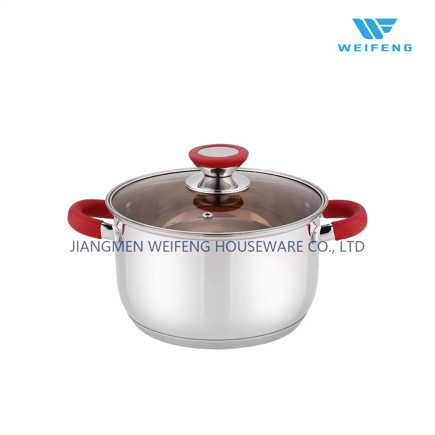 Red Silicone Riveted Handle, Stainless Steel Cookware with Brown Class Lid