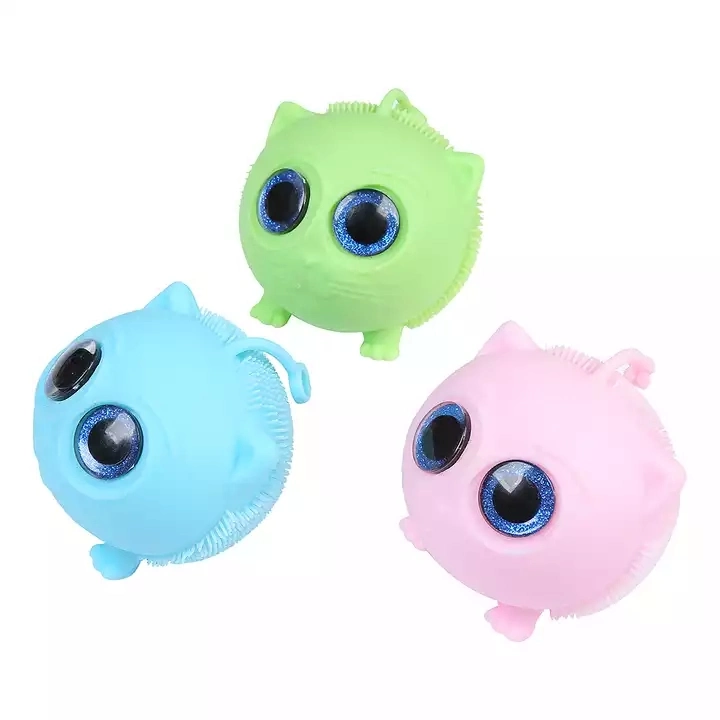 Eco-Friendly Novelty TPR Cat Puffer Balls with Big Plastic Eyes