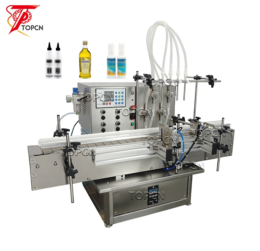 Automático de sobremesa Cosméticos Liquid Juice Filling Machine 4 Heads bebidas Llenado de tinta de agua de aceite con transportador para líquido viscoso