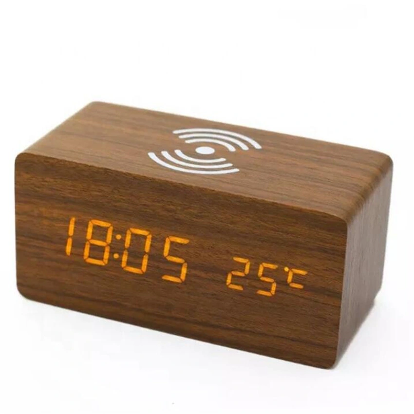 Horloge de bureau numérique radio-réveil Smart LED en bois Chargeur