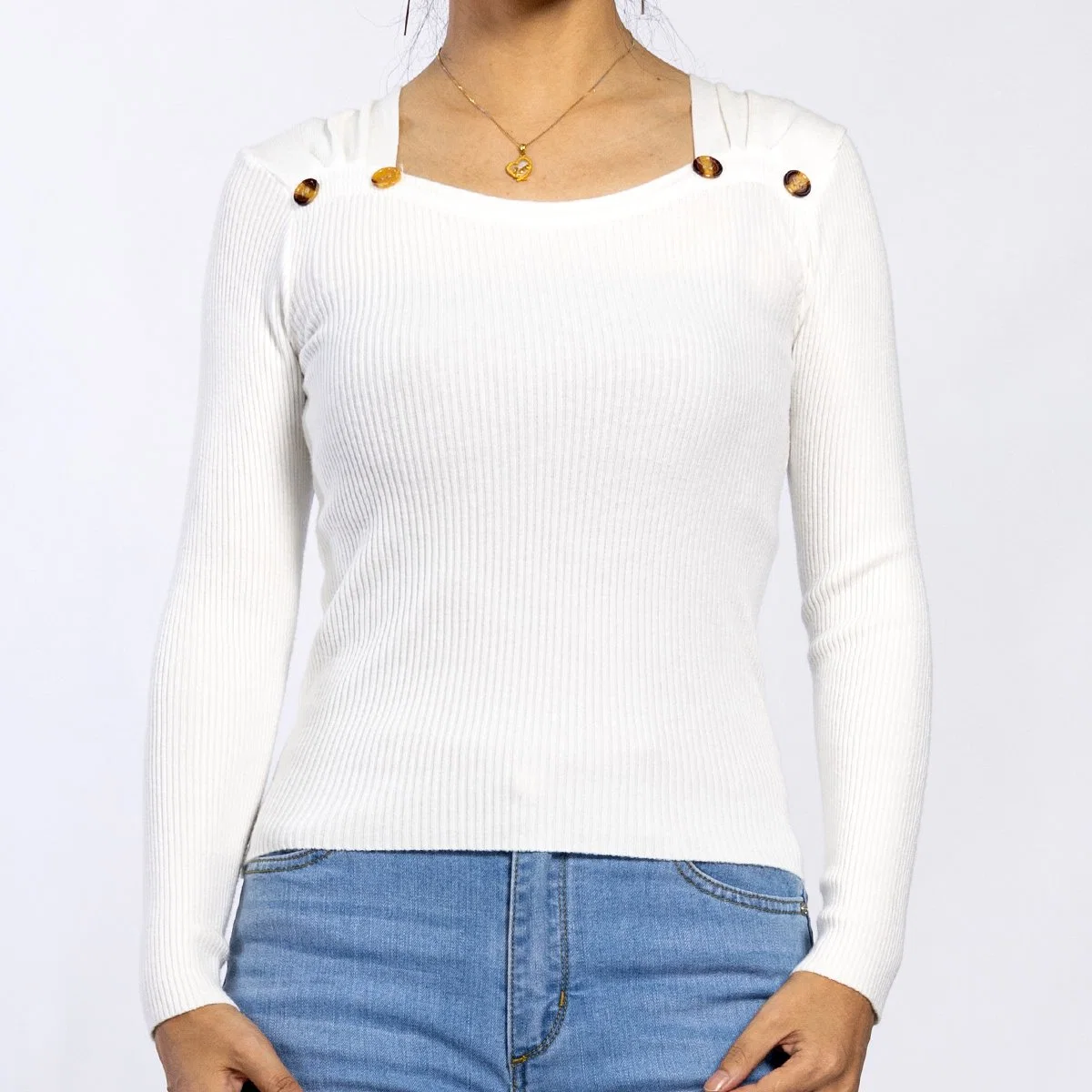 Custom White Knitted Cotton Ribbed Fashion Long Sleeve Female Women Casual Sweater