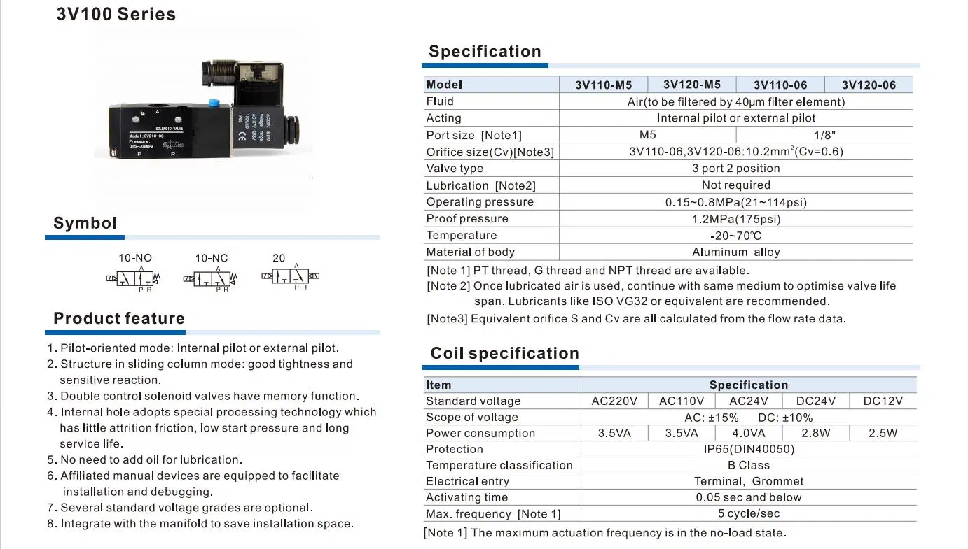 Válvula de solenoide de 3V110-06 Three-Way dos posiciones de válvula de inversión neumática Electroválvula de control Wholesale