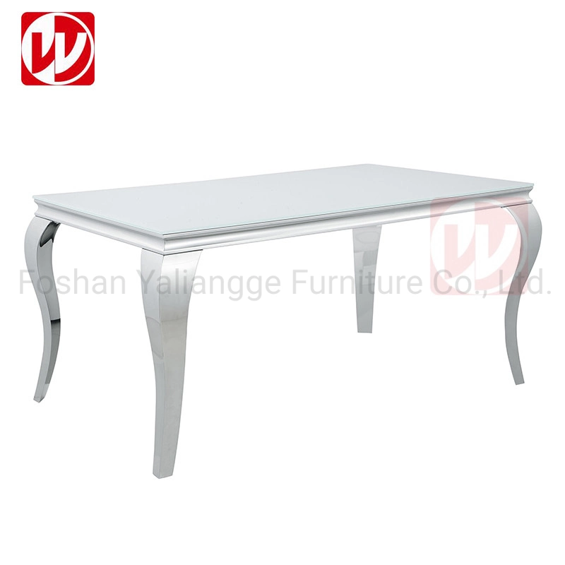 Moderno Blanco vidrio templado Metal Acero inoxidable rectangular comedor Banquete Tabla