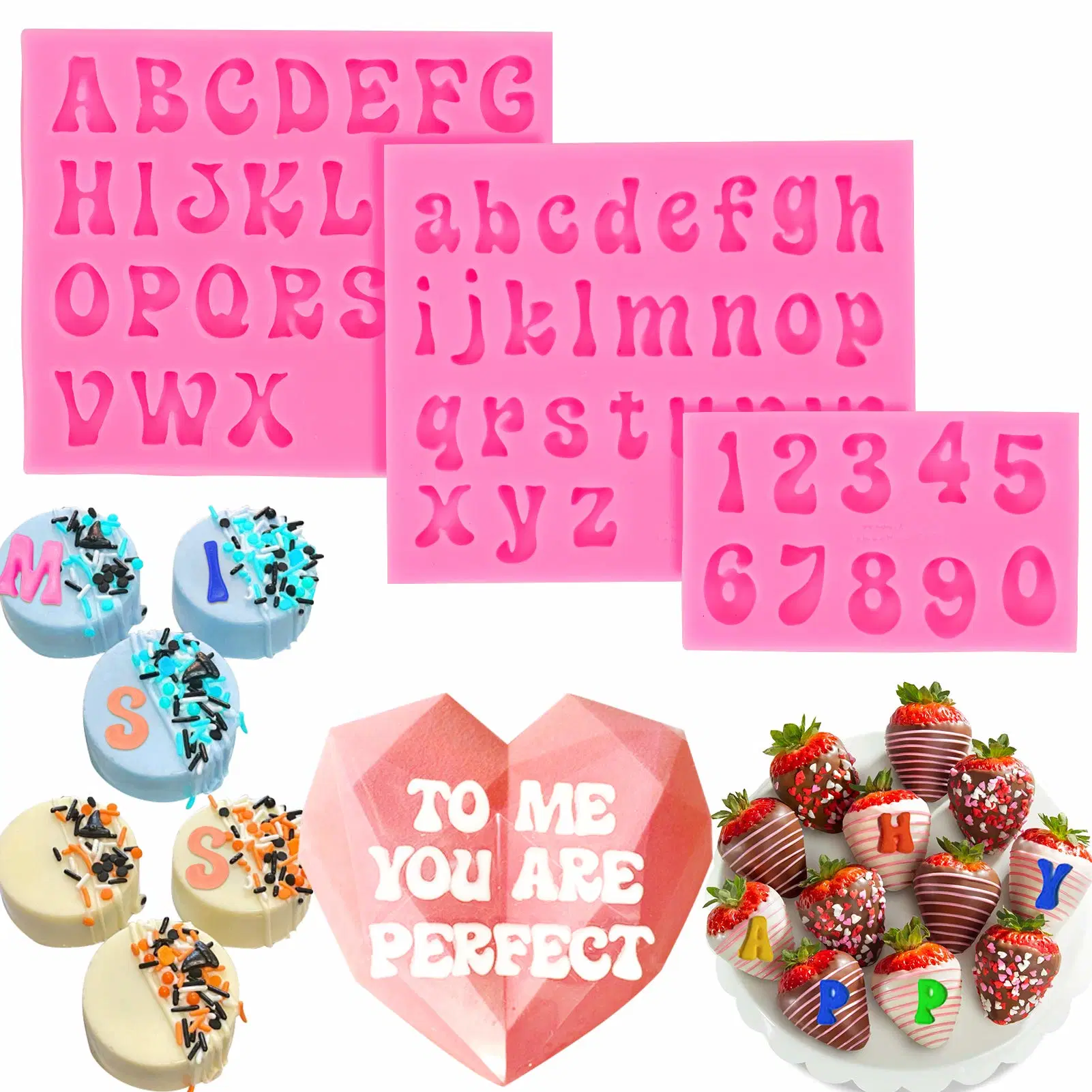 0-9 Numbers Alphabet Baking Candy Chocolate Covered Strawberries Cake Letters Silicone Molds