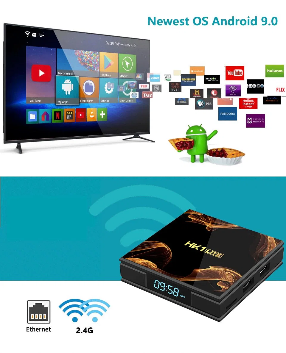 صندوق Tvbox HK1lite لنظام Android 9.0 Smart Ott TV Box 2020 عبر الإنترنت جهاز علوي سعة 2 جيجا بايت Rk3228A سعة 16 جيجا بايت
