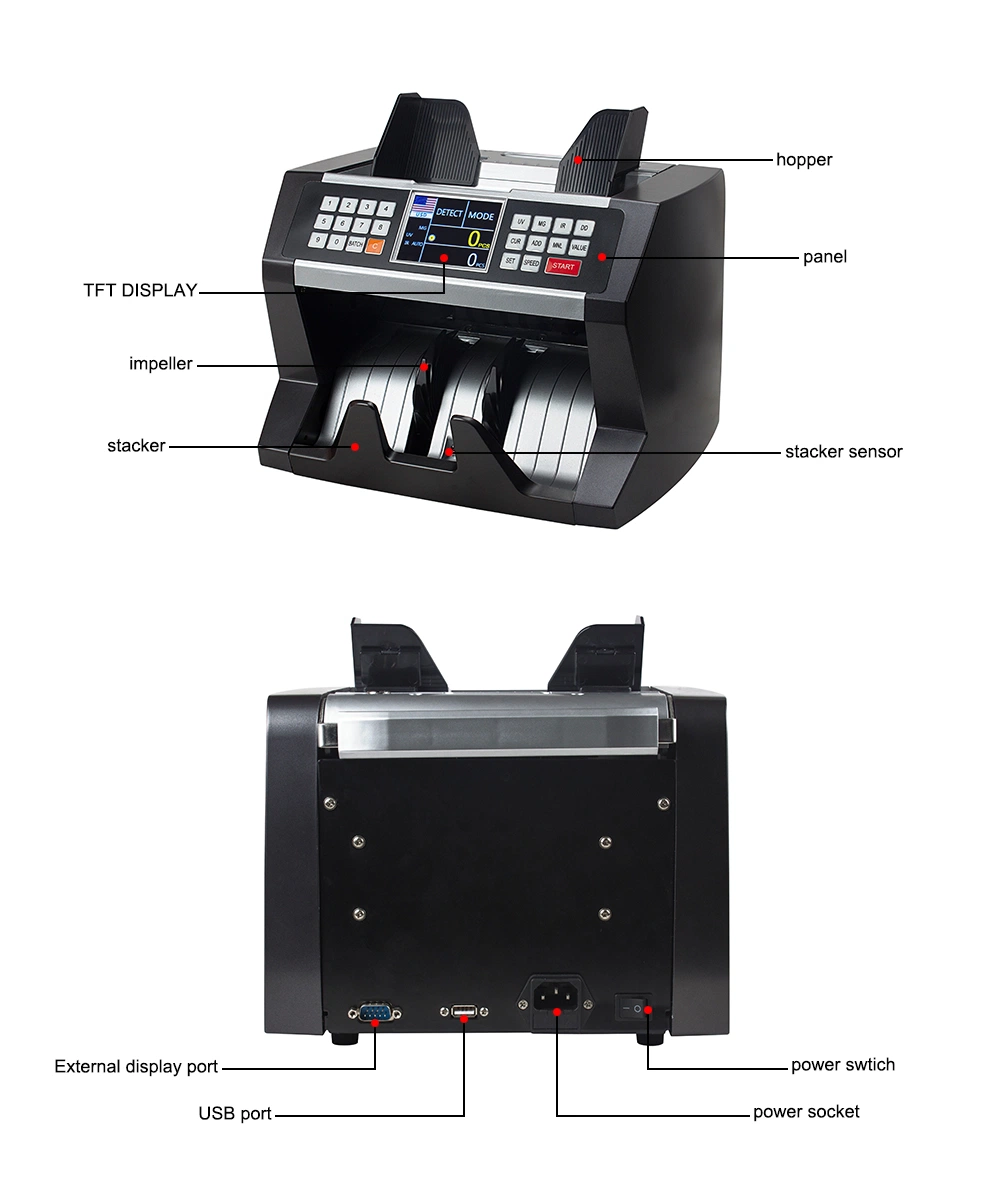 USD, EUR, GBP, CAD, Mxn Bill Value Counting Machine Banknote Money Cash Counter