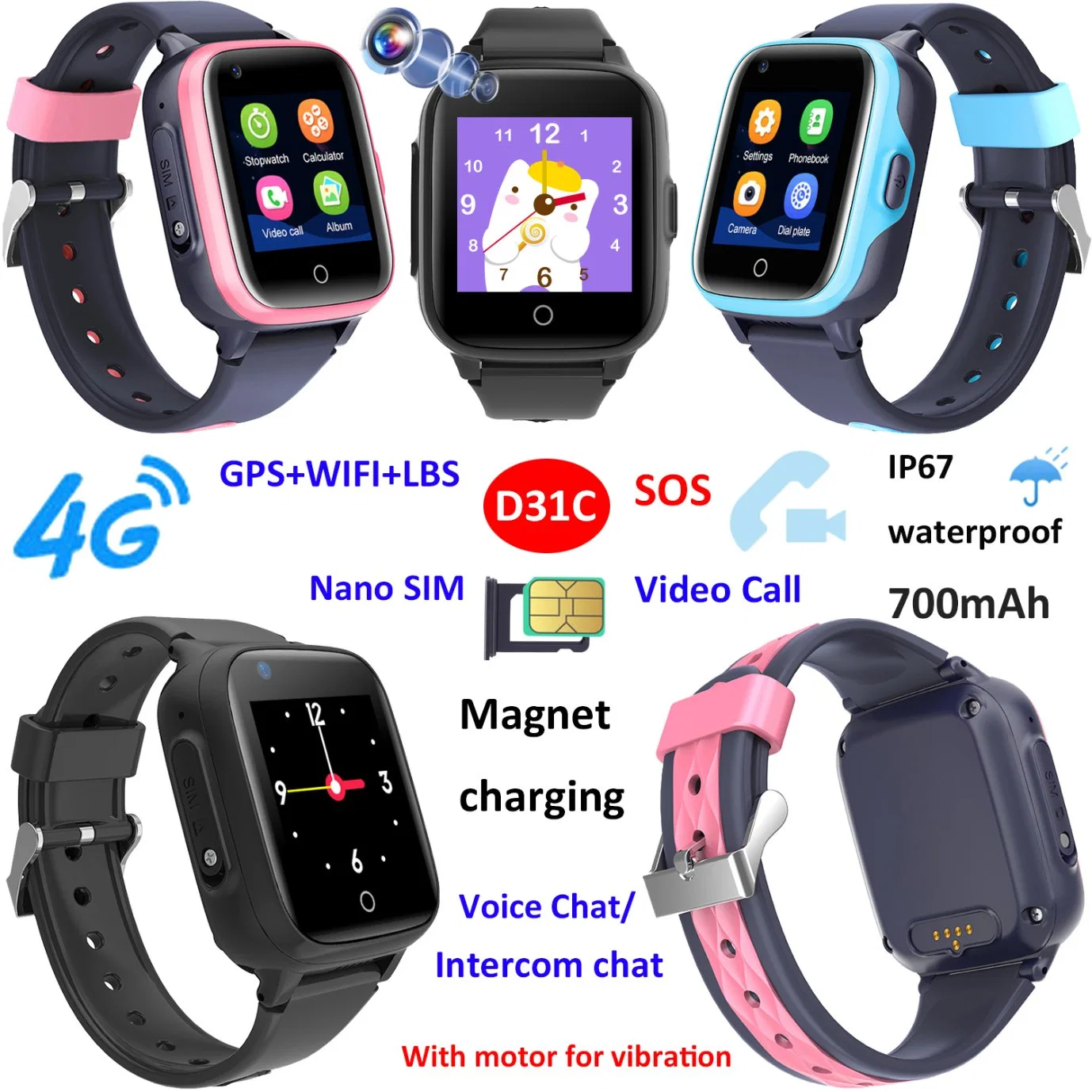 China factory 4G IP67 waterproof Child GPS Tracker Smart watch with Free Global Video Call Safety zone set up for Kids Personal Security Monitor D31C