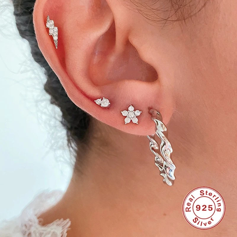 925 Sterling Silver Lighting Flash Shape with White CZ Stud Earring for Women