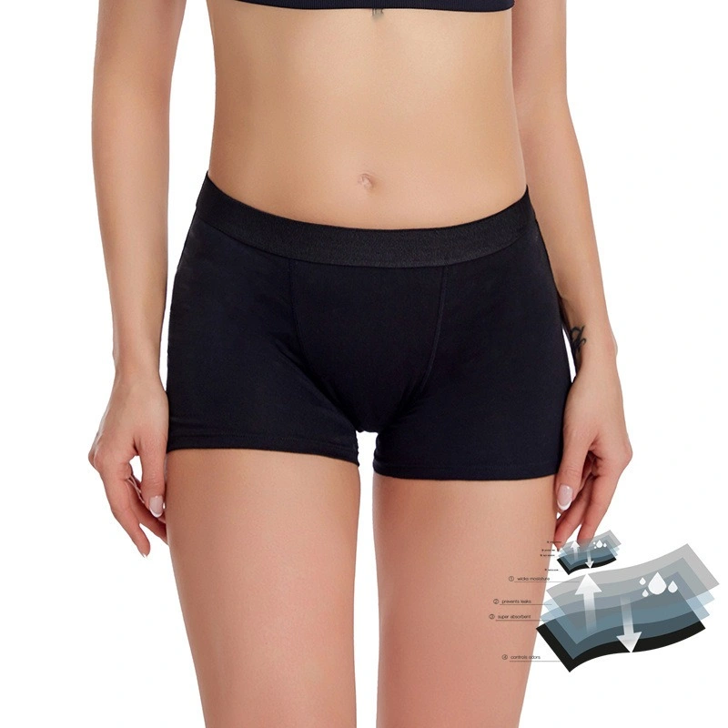 Bolihong OEM algodón orgánico período Boyshort reutilizable 4 capa a prueba de fugas Heavy Flow Boxer biodegradable Bambú Bragas Deportes menstruales