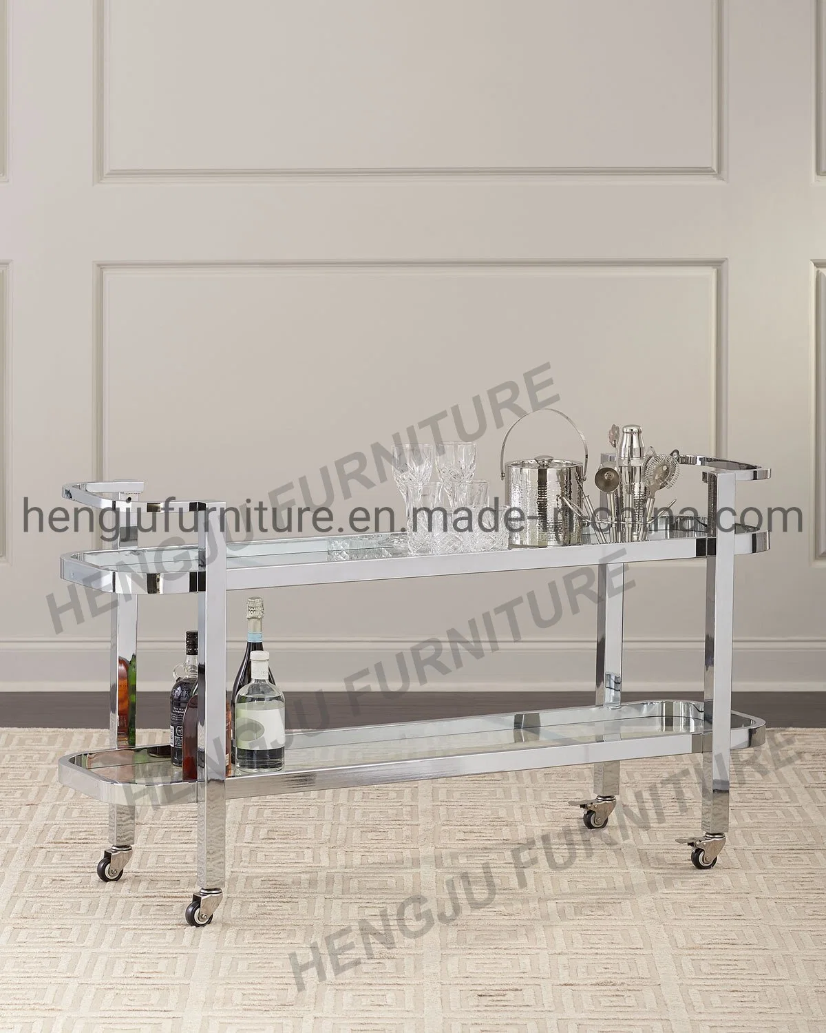 Modern Wholesale/Supplier Hotel Red Wine Serving Trolley Stainless Steel Glass Top Hand Wheels Trolley