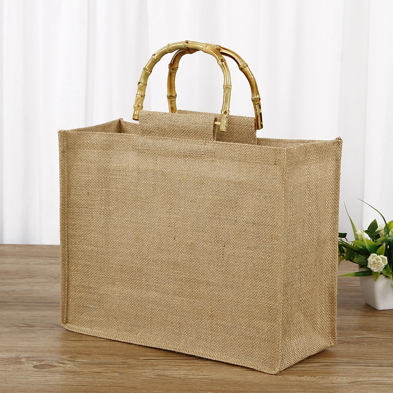 Jute Shopping Strand Tasche Großhandel Bambus Kreis Hand Ziehen Baumwolle Vintage-Geschenktasche Aus Leinen