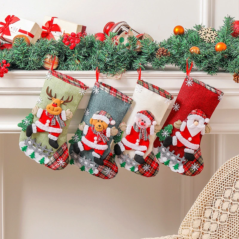 Linen Large Christmas Stocking Fence Christmas Gift Bag Christmas Tree Ornament Candy Bag Ornament