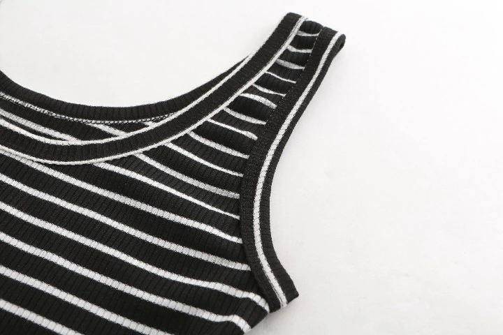 Women Sleeveless Black White Striped Knit Cotton Bodycon Dress