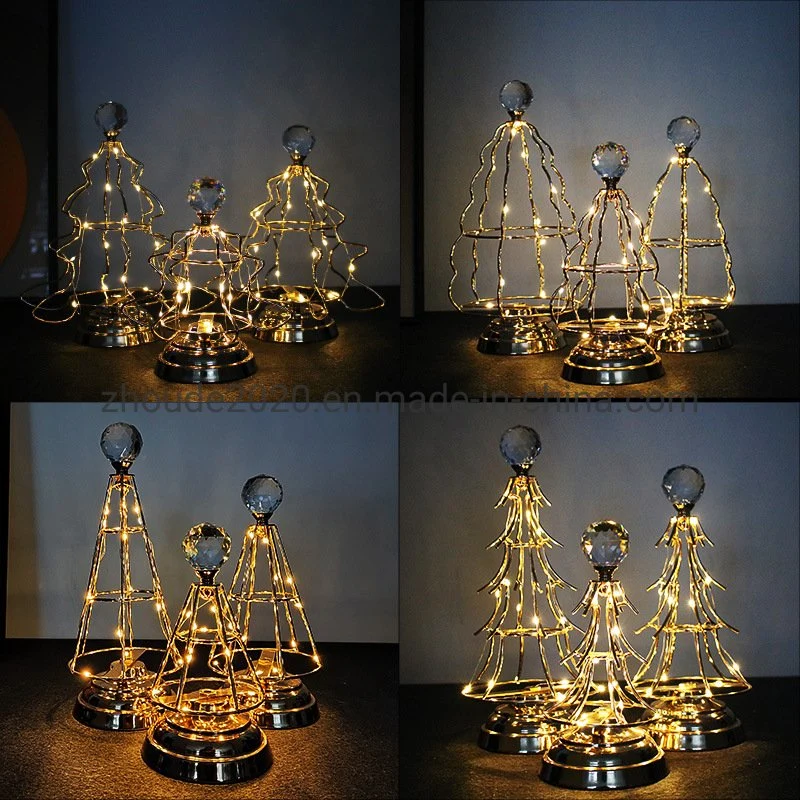 New Designed Metal Christmas Tree Crystal Top LED Copper Wire String Light Night Light for Home Decoration