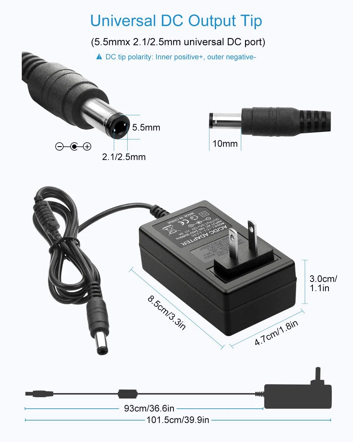 12V DC 3A Wall Power Supply Adapter with 2.1mm x 5.5 Plug 3A(3000MA) AC 100-240V to DC 12Volt Transformers Switching Power Source Adaptor for 12V 3528/5050 LED