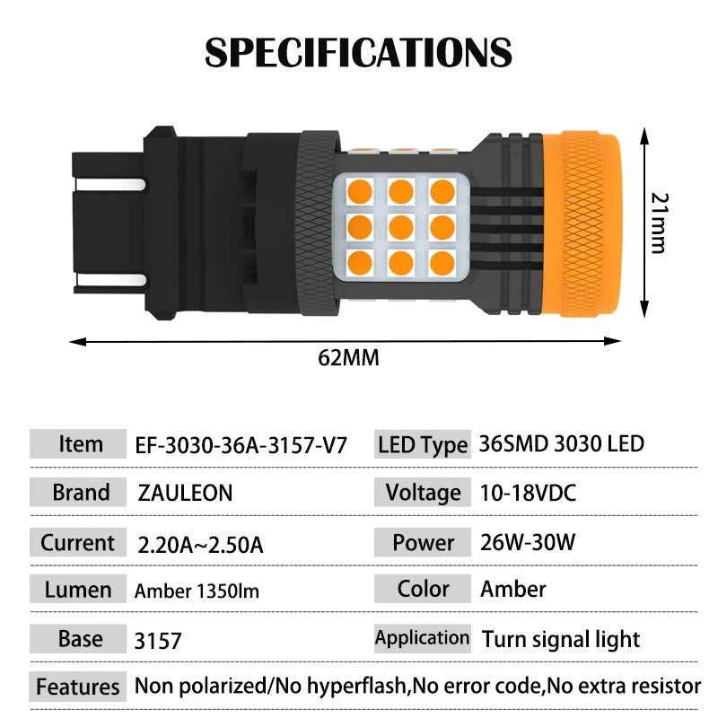 Error Free 3157 Amber LED Turn Signal Light 3156 No Hyper Flash Car Lamp