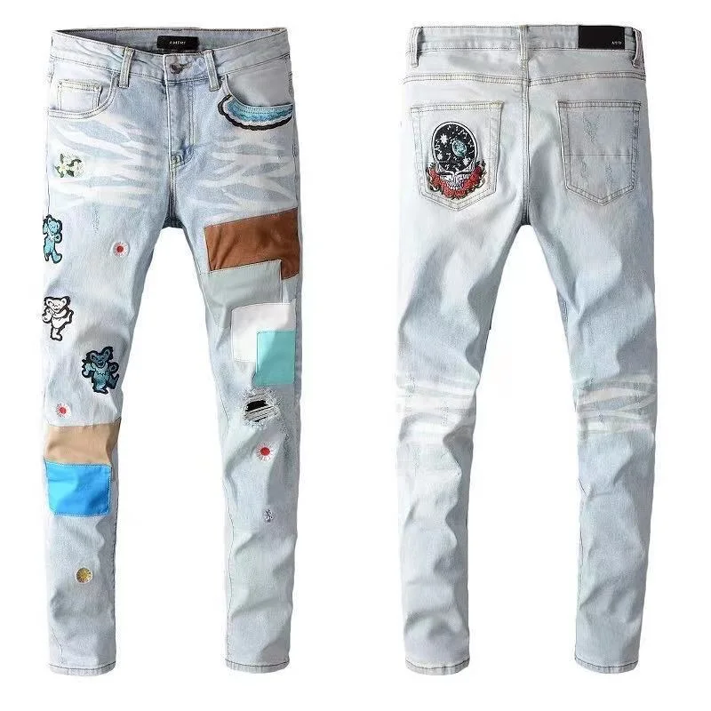 OEM Letter Embroidery Jeans Mens Streetwear Pencil Washed Denim Pants Casual Trousers Men