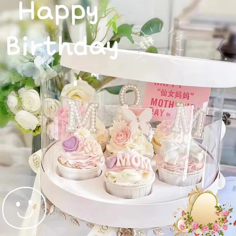 Round Birthday Cake Box Single/Double Layer Clear Cupcake Packaging Box Flower Dessert Gift Box