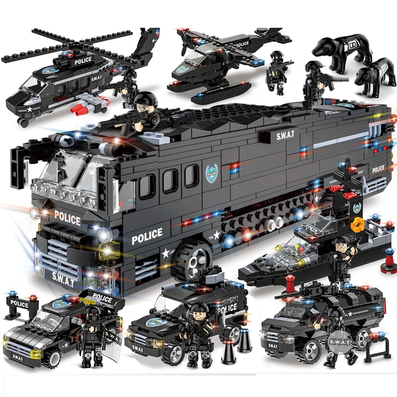 Woma Toys أمازون الأكثر سخونة بيع الطوب Swat Mobile Combat Bus سيارة نموذج بناية مجموعة لأطفال كبيرة مجموعة زابوكا DIY لعبة الأطفال لعبة مجموعة الألعاب