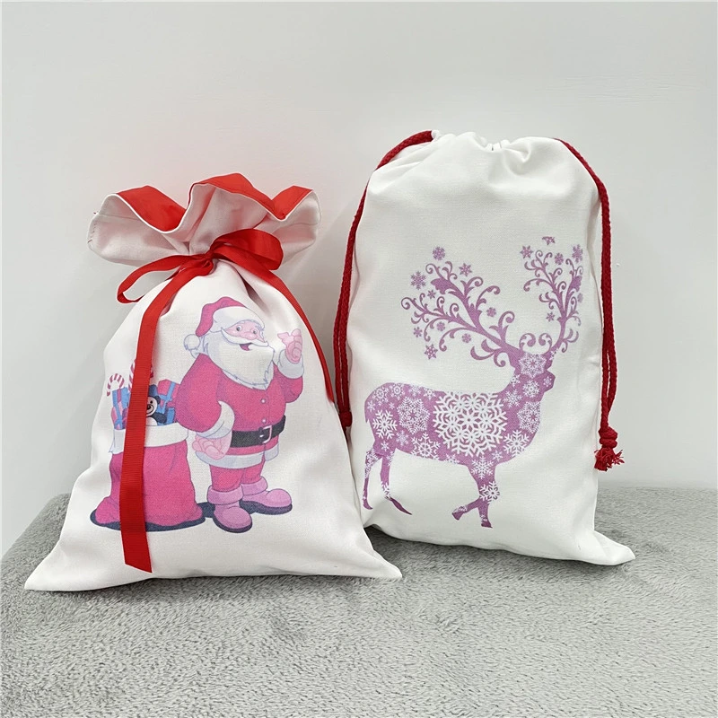 White Blank DIY Heat Transfer Heat Sublimation Christmas Bundle Pocket Polyester Canvas Drawstring Bag Gift Bag