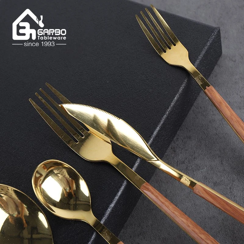 De gama alta de 5 piezas cubertería de acero inoxidable Personalizar Goldenware elegante conjunto de la vida cubiertos con mango de madera pulida incluye horquilla cuchillos cuchara espejo pulido