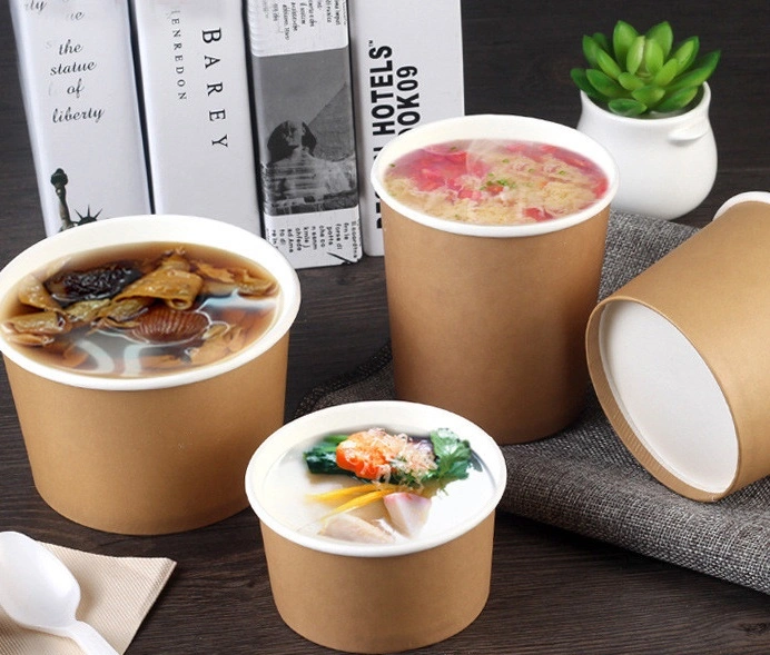 100% Eco Friendly Biodegradable Food Packaging Cup Bowl PLA PE Coating Disposable Brown Round Kraft Paper Salad Bowl with Lid