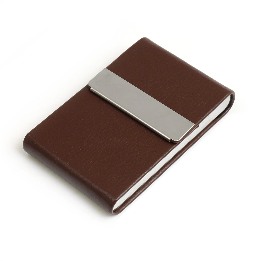 Shiny Metal Black Leather Business Card Holder