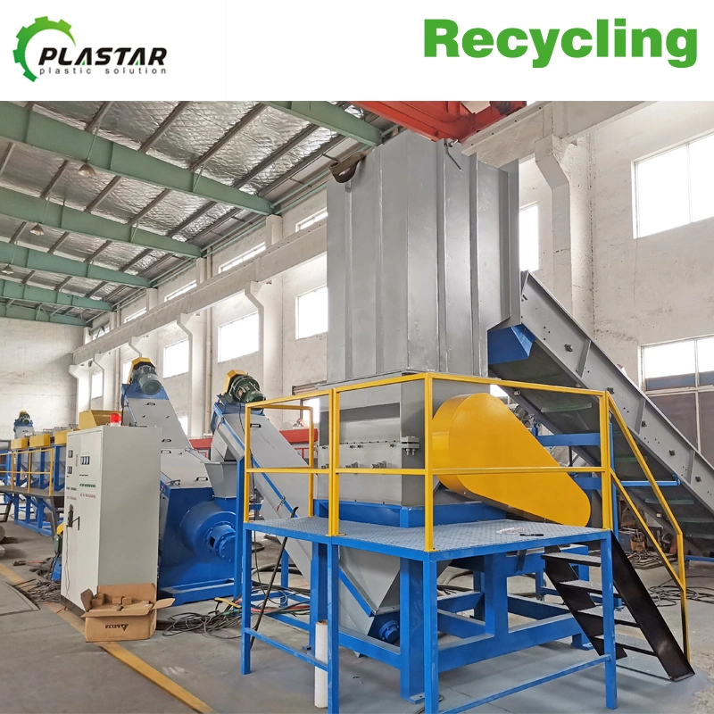 Linha de produção de reciclagem de plástico para esmagar, lavar e reciclar resíduos de garrafas PET/HDPE/LDPE/PP/PE, filmes, sacos tecidos, nylon e flocos de plástico. Máquina de reciclagem de plástico.