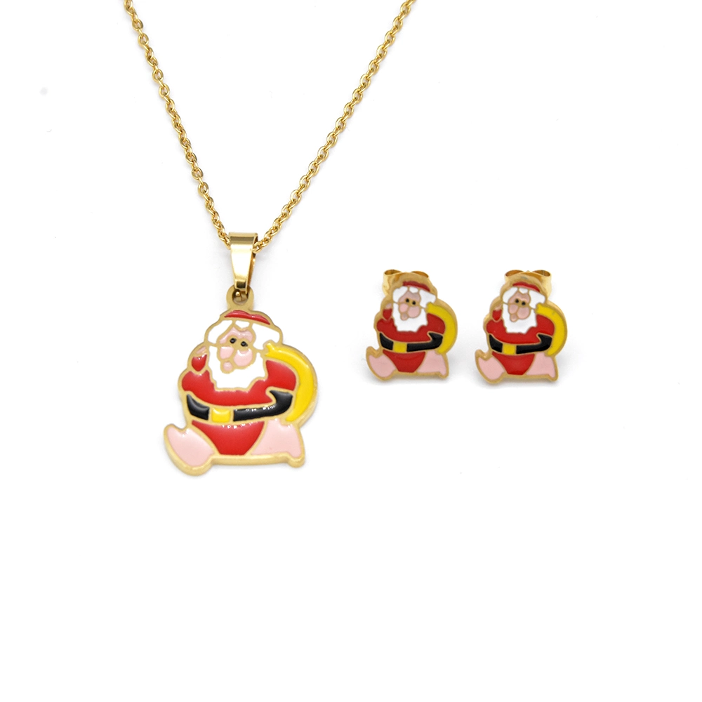 Christmas Collection Santa Claus Necklace and Earrings Claus Enamel Jewelry Set for Ladies