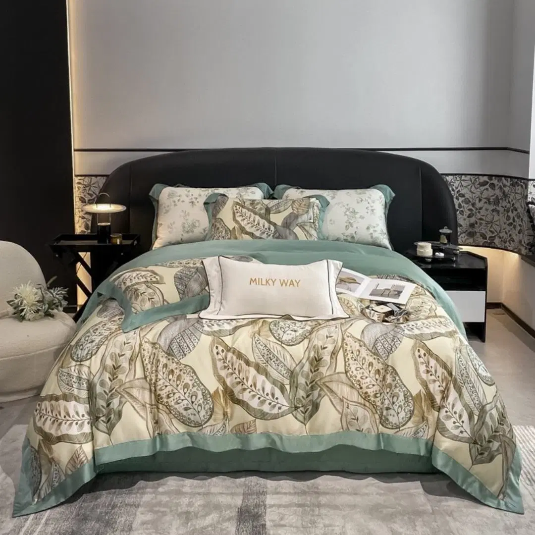 Verano Silky cama Lino lyocell Fibra Pillow Shams Amarillo Pillowcases Planta Impreso Verde cubierta de la tela de la reina del rey del tamaño casero Proveedor de juegos de camas