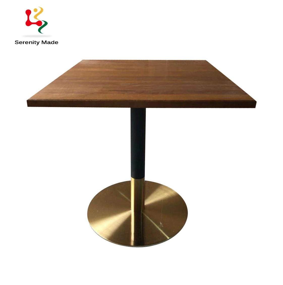 Commercial Cafe Furniture Solid Ash Wood Dining Table Top with Brass Table Base