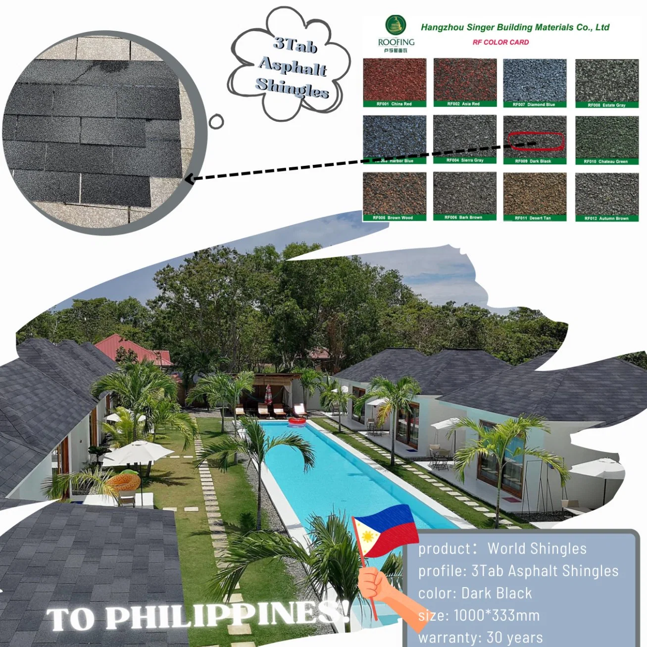 Directamente de fábrica Chile/Vietnam/Camboya/asfalto de Fibra de Vidrio / Tejas Asfalticas Tejas para techos techos México Plaqueta