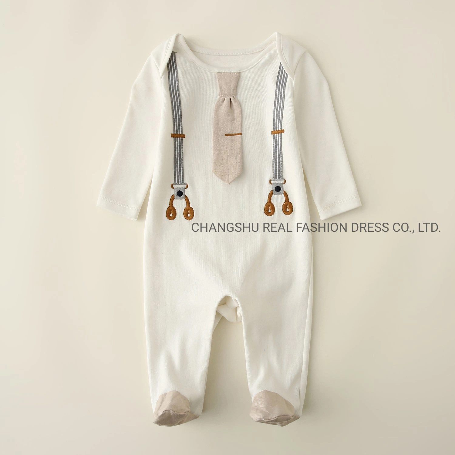 Newborn Baby Kids Children Clothing Infant Knitted Footed Coverall Romper with Straps by Embroidery